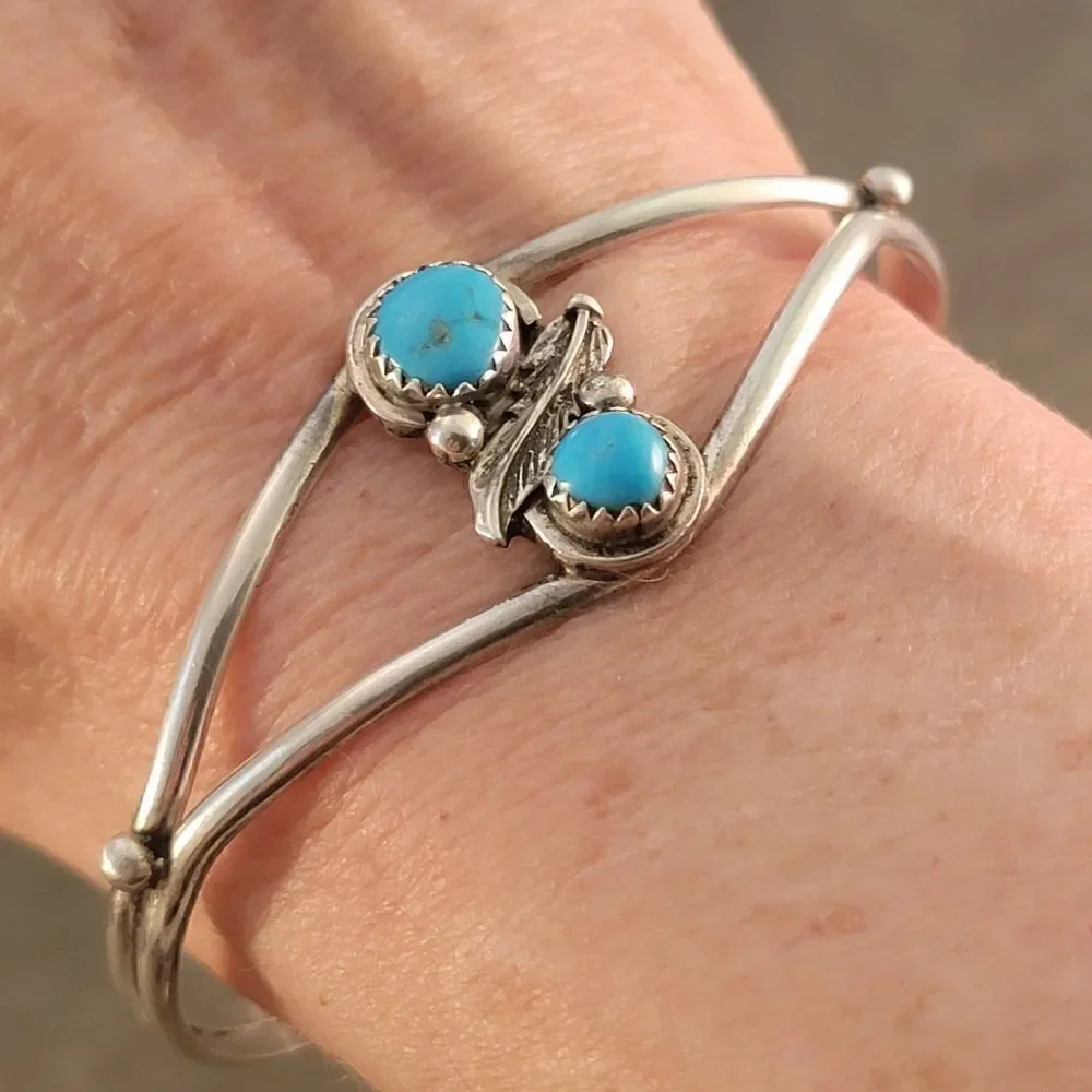 Vintage Sterling Navajo Two Turquoise Leaf Cuff